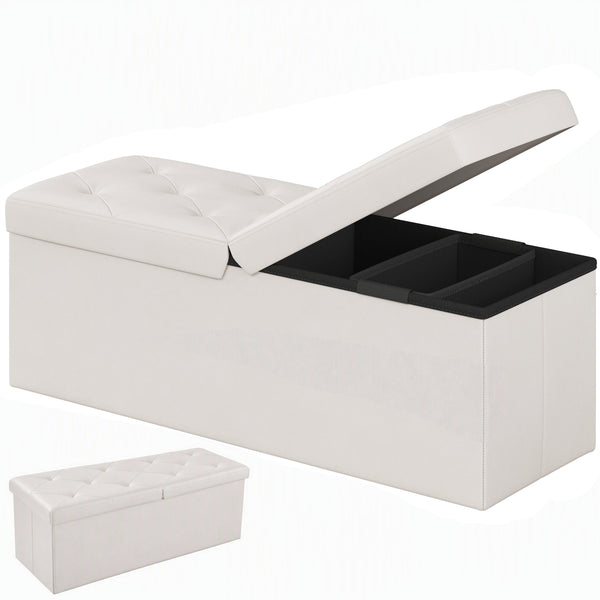Sweetcrispy Storage Ottoman Bench with Dual Flip Lid, Faux Leather Entryway Bench for Living Room and Bedroom