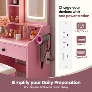 Sweetcrispy 24" Vanity Desk with Mirror, LED Makeup Vanity with 3 Light Modes & Power Outlet, Storage Drawers & Stool, Dressing Table for Bedroom