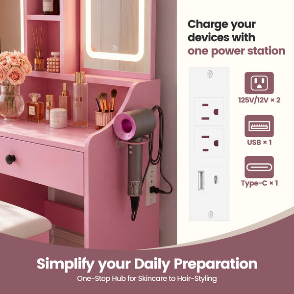 Sweetcrispy 24" Vanity Desk with Mirror, LED Makeup Vanity with 3 Light Modes & Power Outlet, Storage Drawers & Stool, Dressing Table for Bedroom
