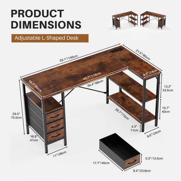 Sweetcrisppy L-Shaped Computer Desk with 3 Drawers and Power Outlets