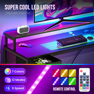 Sweetcrispy L Shaped Computer Gaming Desk with USB Charging Ports & LED Lights, Reversible Corner Table with Power Outlets Monitor Stand for Home Office