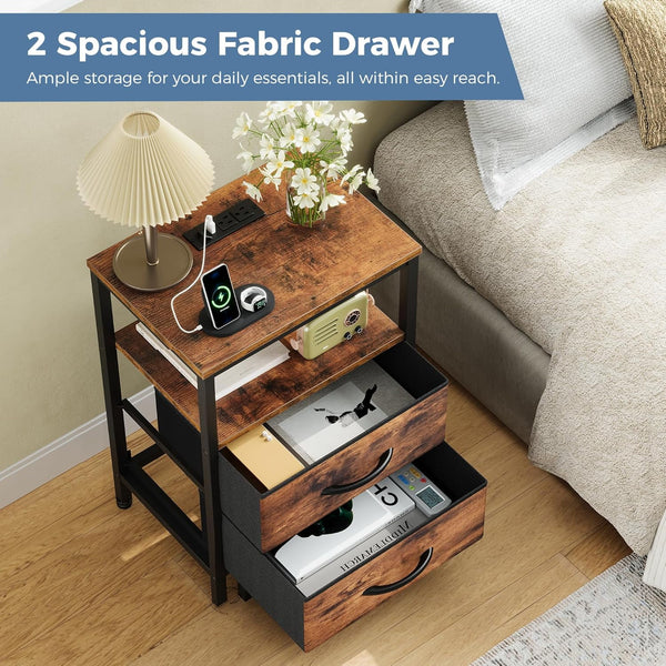 SWEETCRISPY 2-Drawer Nightstand with Charging Station, USB & Type-C Ports, Adjustable Fabric Drawers, Sturdy Metal Frame, Space-Saving Design for Bedroom & Living Room