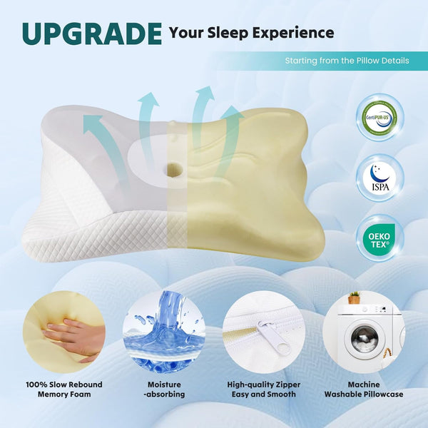 SWEETCRISPY Queen Size Cervical Neck Pillow, Memory Foam with Ice Silk Cover, Ergonomic Contour Design, Cooling & Breathable