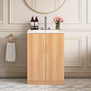 Sweetcrispy 24-Inch Bathroom Vanity with Sink, Double Doors, Natural Wood Style