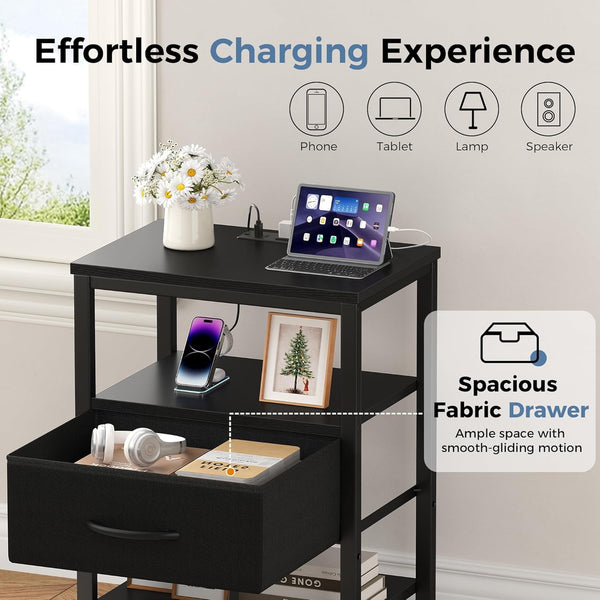 Sweetcrispy Adult 1-Drawer Nightstand with Charging Station, USB & Type-C Ports, Metal Frame