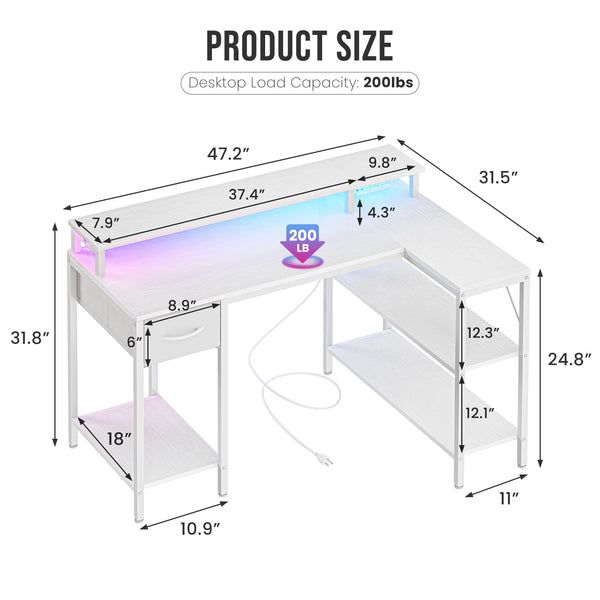 Sweetcrispy L Shaped Computer Gaming Desk with USB Charging Ports & LED Lights, Reversible Corner Table with Power Outlets Monitor Stand for Home Office