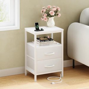 SWEETCRISPY 2-Drawer Nightstand with Charging Station, USB & Type-C Ports, Adjustable Fabric Drawers, Sturdy Metal Frame, Space-Saving Design for Bedroom & Living Room
