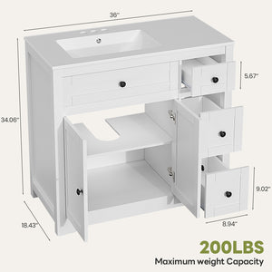 Sweetcrispy Bathroom Vanity with Ceramic Sink and Storage, White