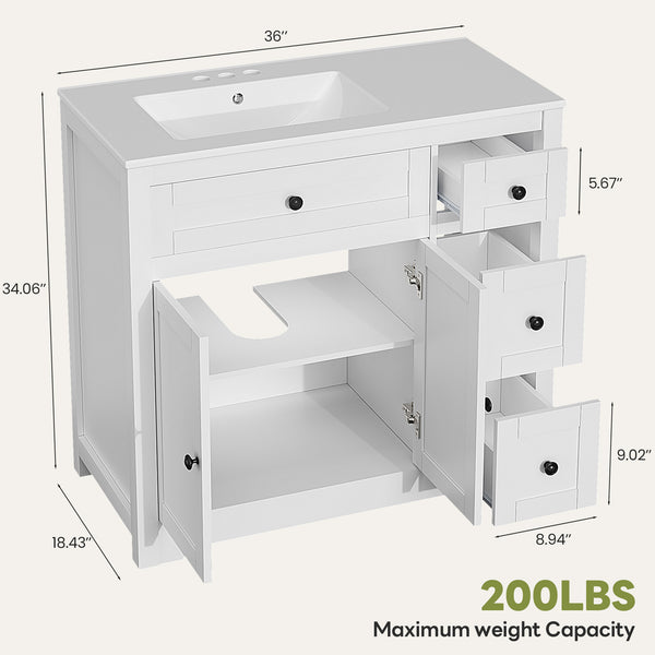 Sweetcrispy Bathroom Vanity with Ceramic Sink and Storage, White