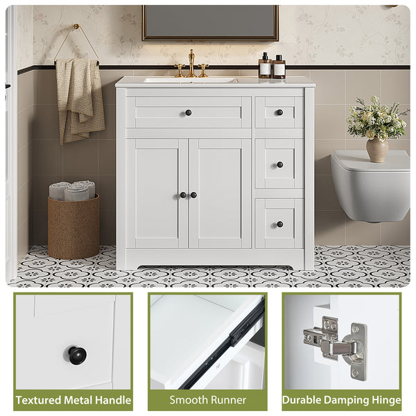 Sweetcrispy Bathroom Vanity with Ceramic Sink and Storage, White