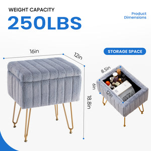Sweetcrispy Vanity Stool Chair with 4 Metal Legs Anti-Slip Adjustable Feet, Faux Fur Seat, Storage Space