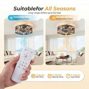 Sweetcrispy Farmhouse Caged Ceiling Fan with Light Flush Mount Fandelier Remote Dimmable LED for Bedroom Living Room Kitchen