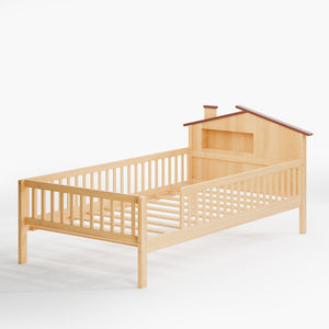 Sweetcrispy Solid Wood Twin Bed Frame with House Headboard & Guardrails for Children