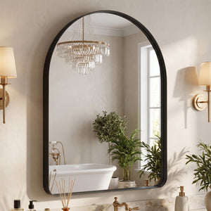 Sweetcrispy Arched-Top Rectangular Wall-Mounted Mirror – Aluminum Frame, HD Tempered Glass, Perfect for Bathroom, Bedroom & Living Room