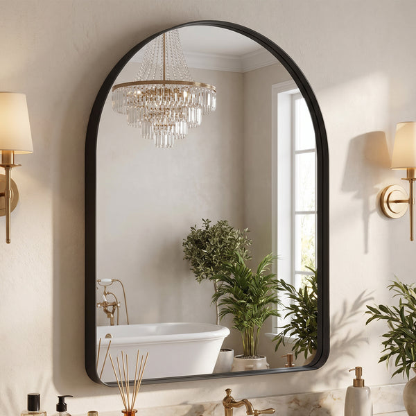 Sweetcrispy Arched-Top Rectangular Wall-Mounted Mirror – Aluminum Frame, HD Tempered Glass, Perfect for Bathroom, Bedroom & Living Room