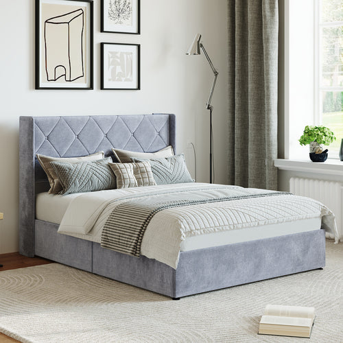Sweetcrispy Velvet Upholstered Gas-Lift Bed Frame with Storage Space for Bedroom