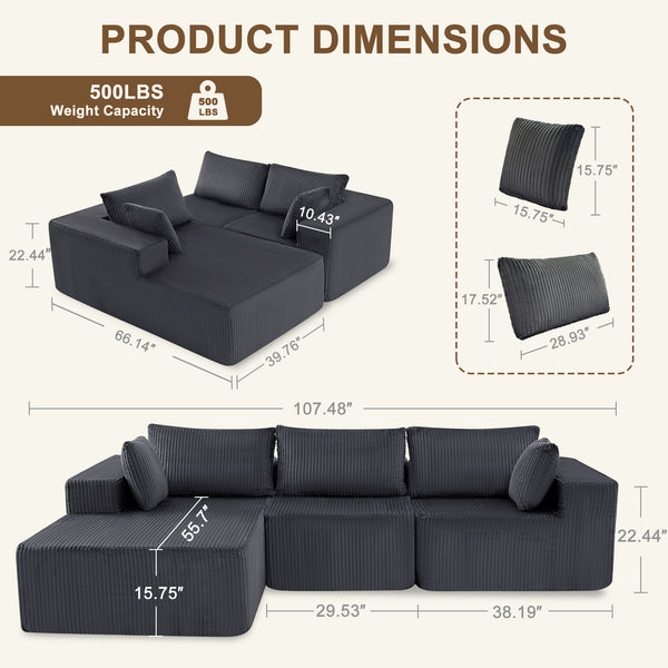 Sweetcrispy 108" Modern Modular Couch Sectional Sofa for Living Room