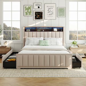 Sweetcrispy Upholstered Bed Frame with 4 Storage Drawers, Headboard, and Power Outlets