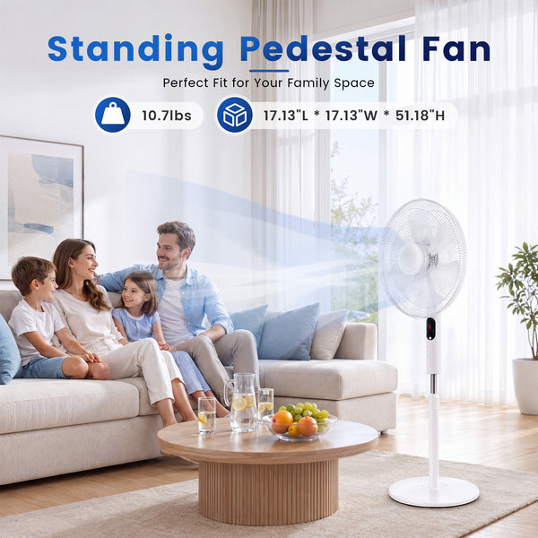 Sweetcrispy 16" Pedestal Fan with Remote, 3-Speed, 80° Oscillating, Height Adjustable, 15H Timer, Quiet Energy-Efficient