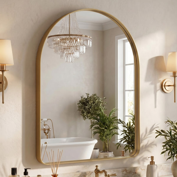 Sweetcrispy Arched-Top Rectangular Wall-Mounted Mirror – Aluminum Frame, HD Tempered Glass, Perfect for Bathroom, Bedroom & Living Room