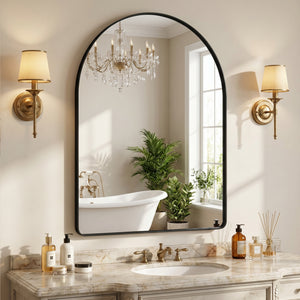 Sweetcrispy Arched-Top Rectangular Wall-Mounted Mirror – Aluminum Frame, HD Tempered Glass, Perfect for Bathroom, Bedroom & Living Room