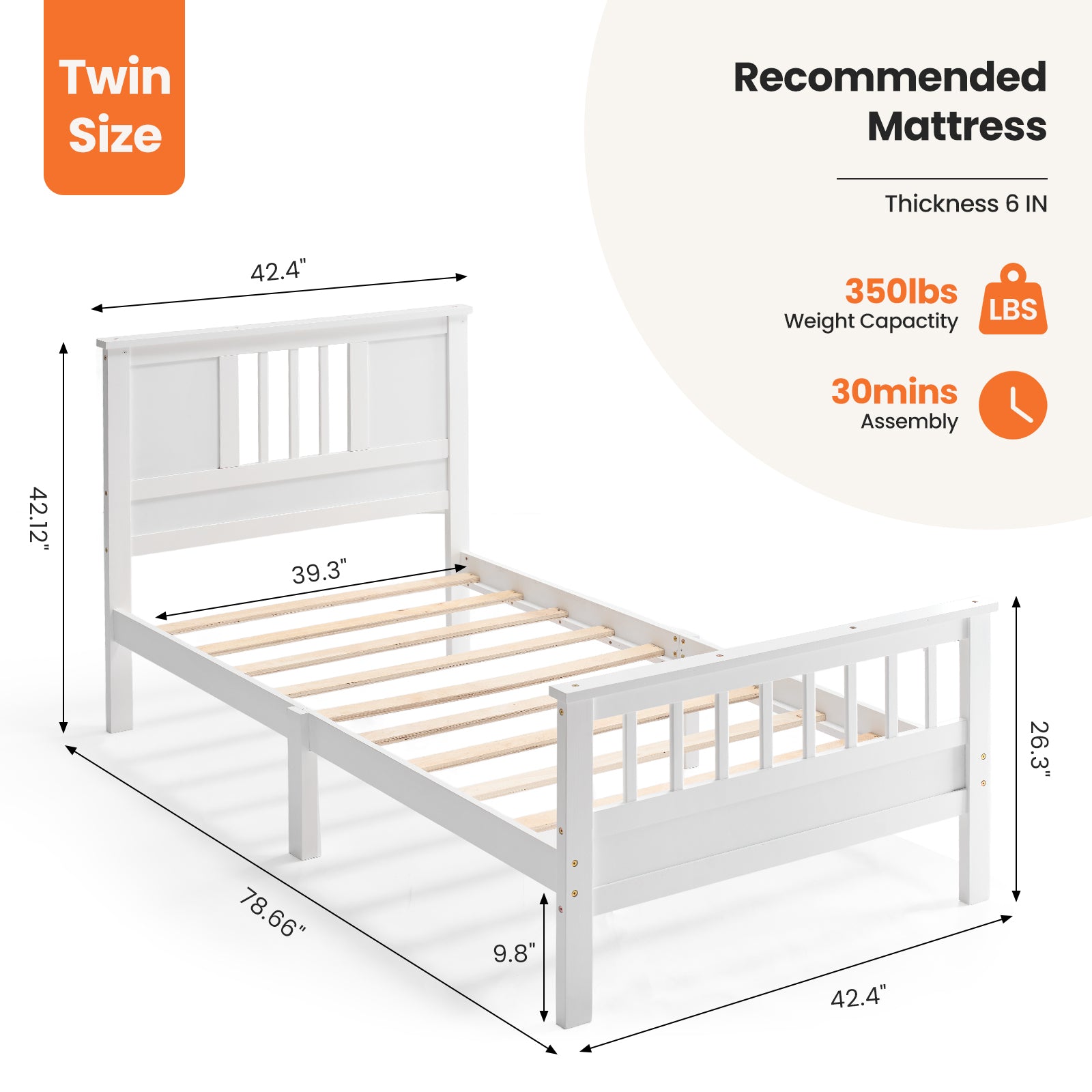 Sweetcrispy Classic Solid Wood Twin Bed Frame with Headboard & Footboa