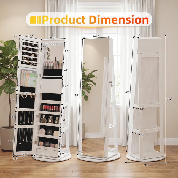 Sweetcrispy 360° Rotating Jewelry Cabinet with Round Rolling Swivel Base, Built-in Bright LED Lights, Large Capacity Space-Saving Vertical Jewelry Armoire