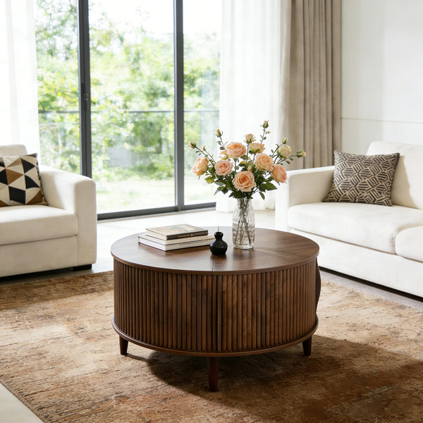 Sweetcrispy Round Flip-Top Coffee Table with Storage, Wood-Look Finish