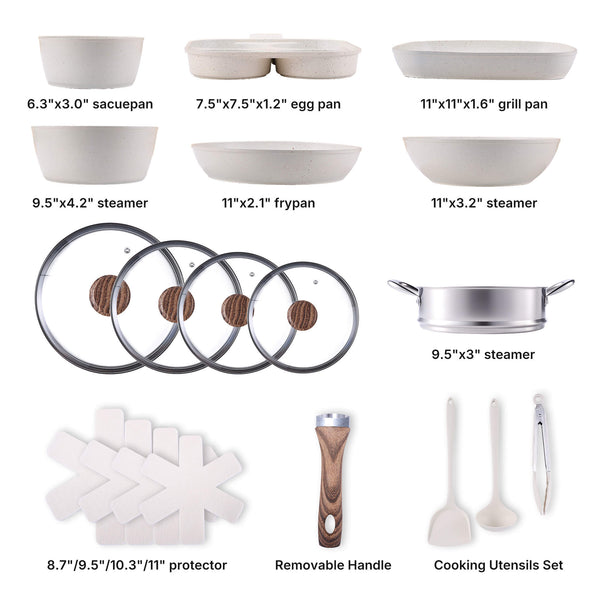 Sweetcrispy 17-Piece Non-Stick Cookware Set with Detachable Handles