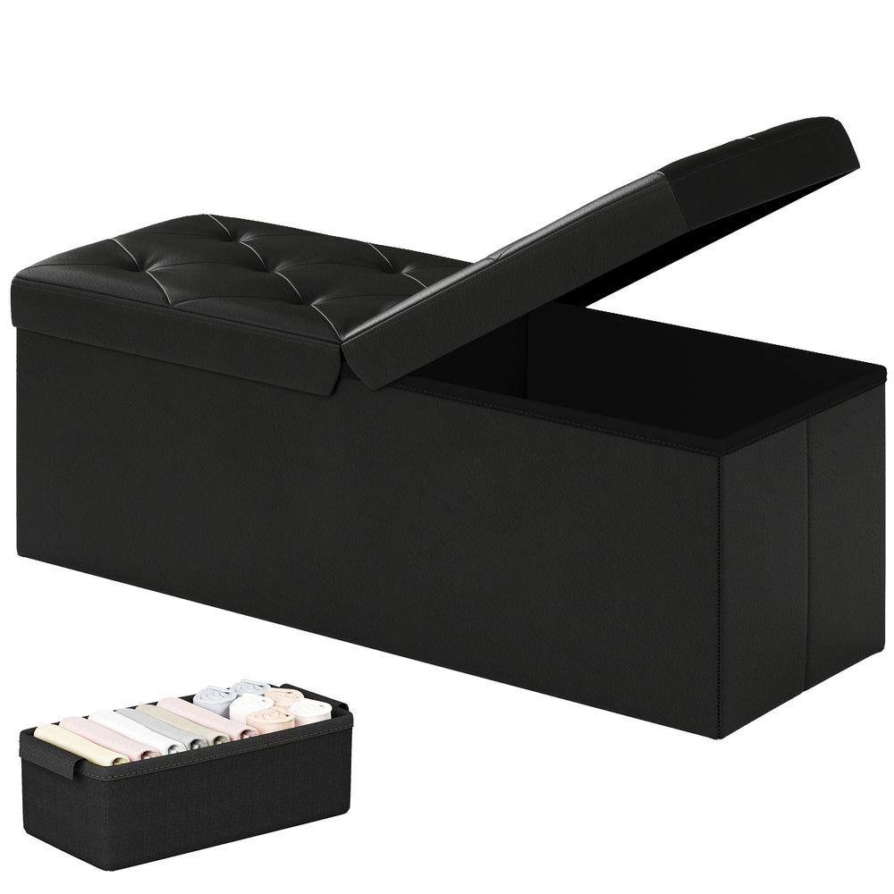 Sweetcrispy Storage Ottoman Bench with Dual Flip Lid, Faux Leather Entryway Bench for Living Room and Bedroom