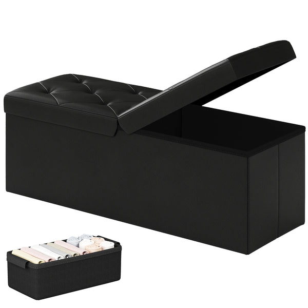 Sweetcrispy Storage Ottoman Bench with Dual Flip Lid, Faux Leather Entryway Bench for Living Room and Bedroom
