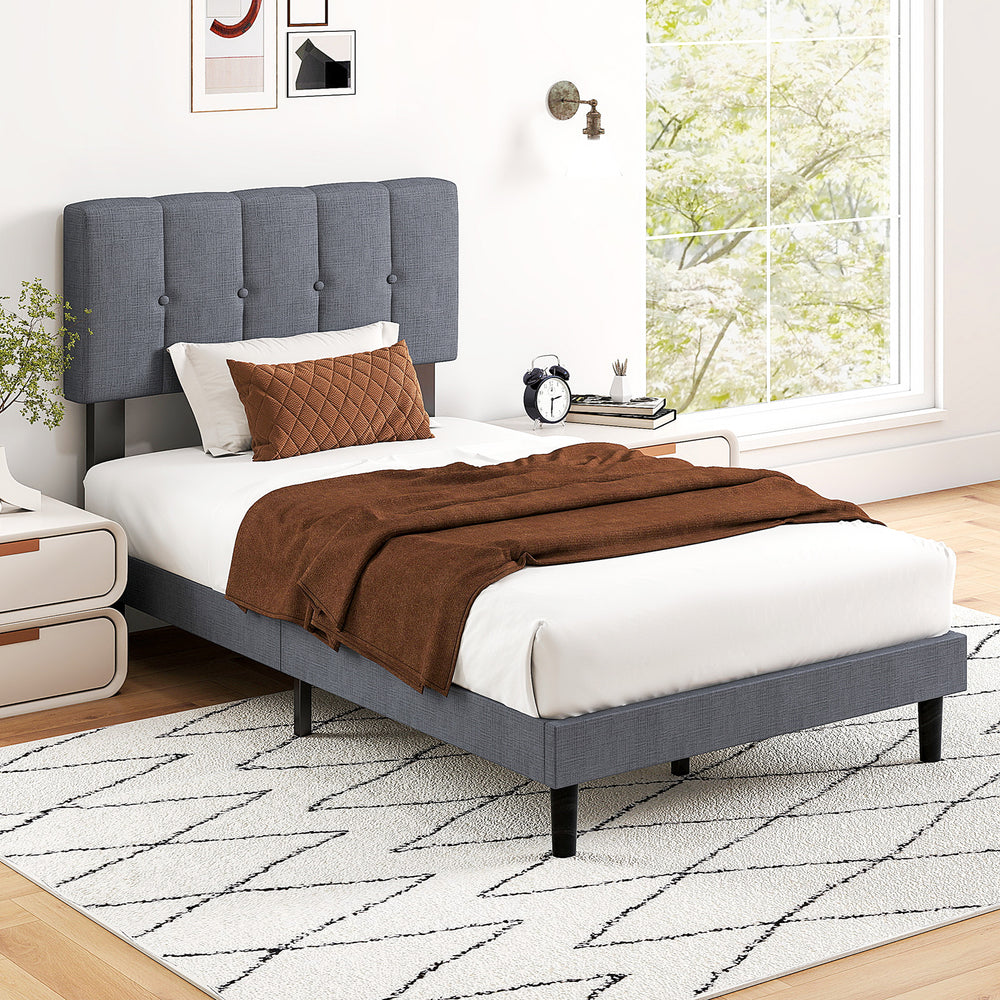 EDX Platform Bed Frame, Fully Upholstered Mattress Foundationwith Fabric Upholstered Headboard and Wooden Slats Support, No Box Spring Needed, Grey