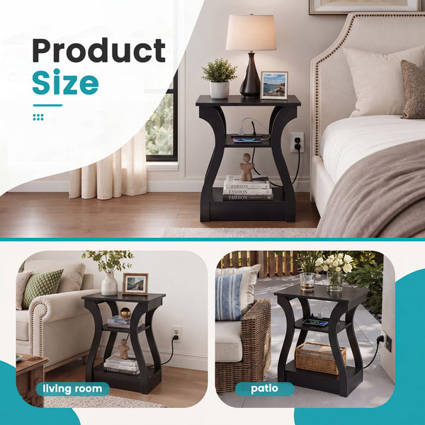 Sweetcrispy 3-Tier End Table with Charging Station for Living Room & Bedroom