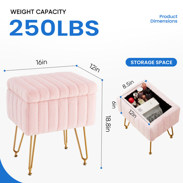 Sweetcrispy Vanity Stool Chair with 4 Metal Legs Anti-Slip Adjustable Feet, Faux Fur Seat, Storage Space