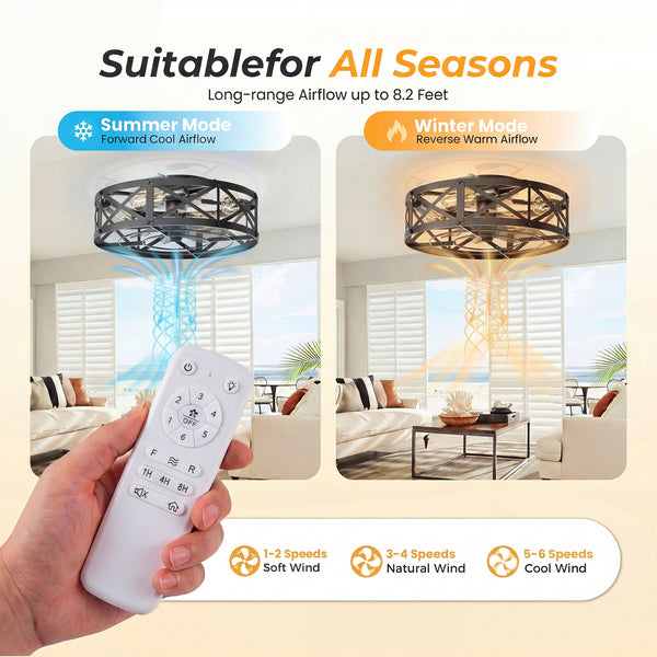 Sweetcrispy Farmhouse Caged Ceiling Fan with Light Flush Mount Fandelier Remote Dimmable LED for Bedroom Living Room Kitchen
