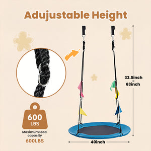 Sweetcrispy 40" Kids Saucer Swing, Adjustable Rope, 440lb Capacity, 600D Oxford Fabric, Outdoor Tree Swing with 4 Detachable Flags