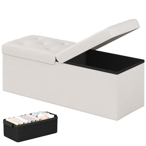 Sweetcrispy Storage Ottoman Bench with Dual Flip Lid, Faux Leather Entryway Bench for Living Room and Bedroom