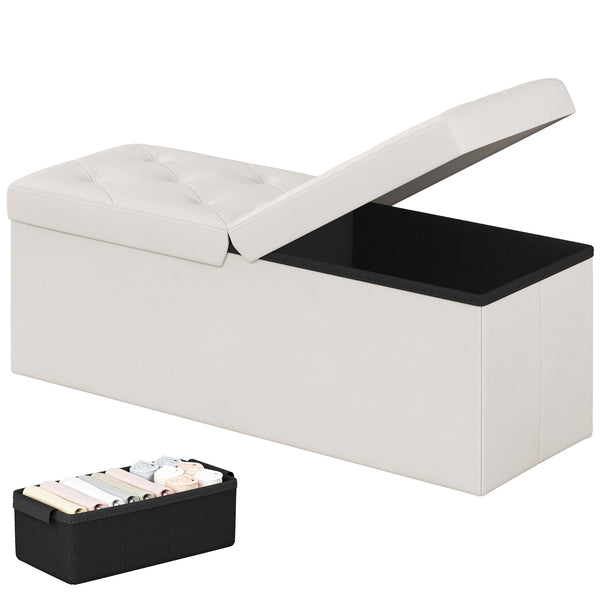 Sweetcrispy Storage Ottoman Bench with Dual Flip Lid, Faux Leather Entryway Bench for Living Room and Bedroom