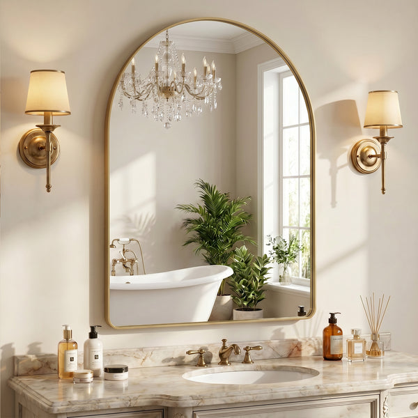 Sweetcrispy Arched-Top Rectangular Wall-Mounted Mirror – Aluminum Frame, HD Tempered Glass, Perfect for Bathroom, Bedroom & Living Room