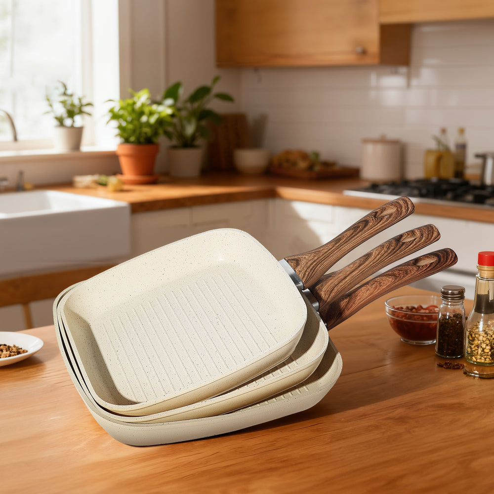 Sweetcrispy Nonstick Cookware Set, Square Frying Pan Set with Wooden Handle