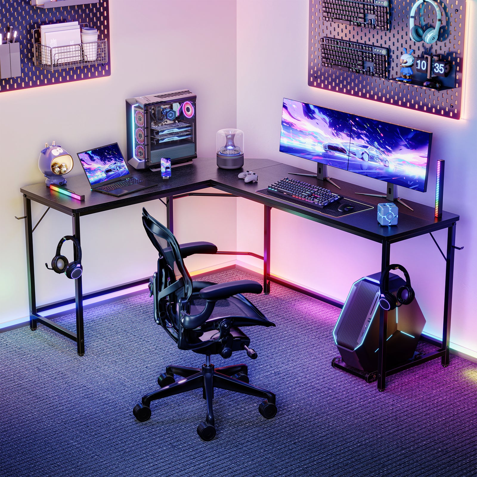 Sweetcrispy L-shaped Computer Desk with CPU Stand and Side Hooks