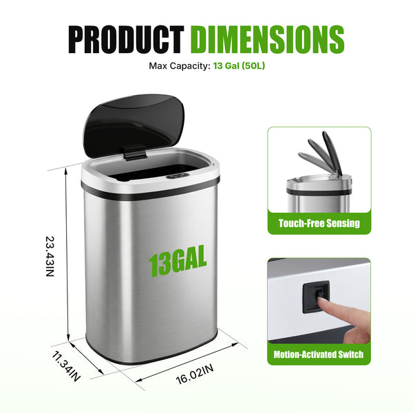 Sweetcrispy 50L Automatic Trash Can, Stainless Steel with 7" Smart Sensor Lid