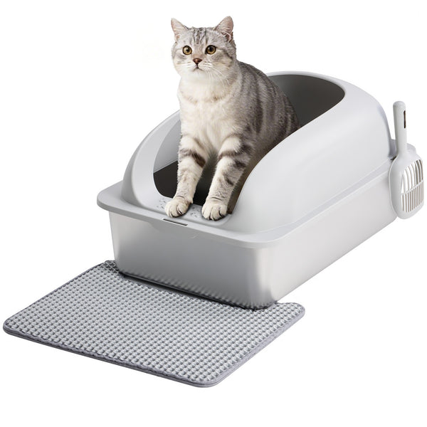 Sweetcrispy Stainless Steel Cat Litter Box with Scoop & Double-Layer Mat