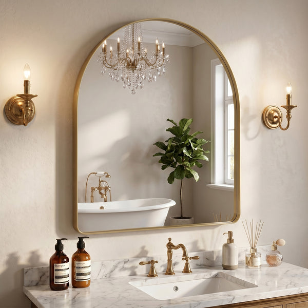 Sweetcrispy Arched-Top Rectangular Wall-Mounted Mirror – Aluminum Frame, HD Tempered Glass, Perfect for Bathroom, Bedroom & Living Room