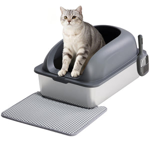 Sweetcrispy Stainless Steel Cat Litter Box with Scoop & Double-Layer Mat