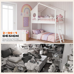 Sweetcrispy Low-Profile Twin House Bunk Bed with Side Ladder and Built-In Shelf