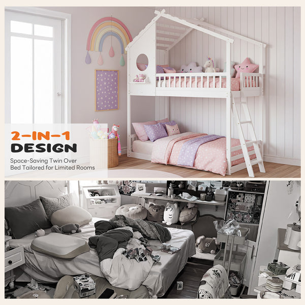 Sweetcrispy Low-Profile Twin House Bunk Bed with Side Ladder and Built-In Shelf