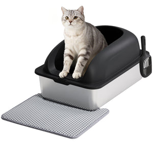 Sweetcrispy Stainless Steel Cat Litter Box with Scoop & Double-Layer Mat