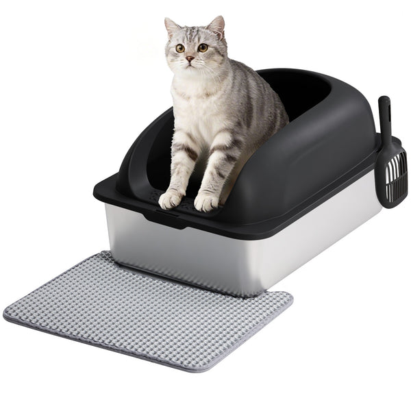 Sweetcrispy Stainless Steel Cat Litter Box with Scoop & Double-Layer Mat