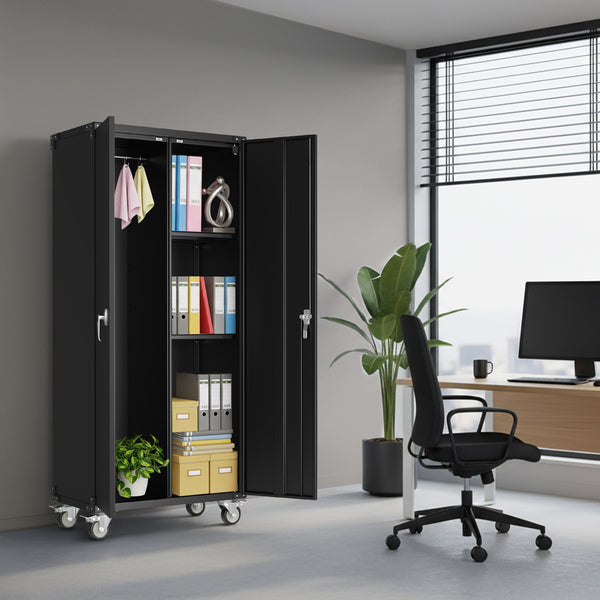 Sweetcrispy Lockable Metal Storage Cabinet with Wheels and Adjustable Shelves